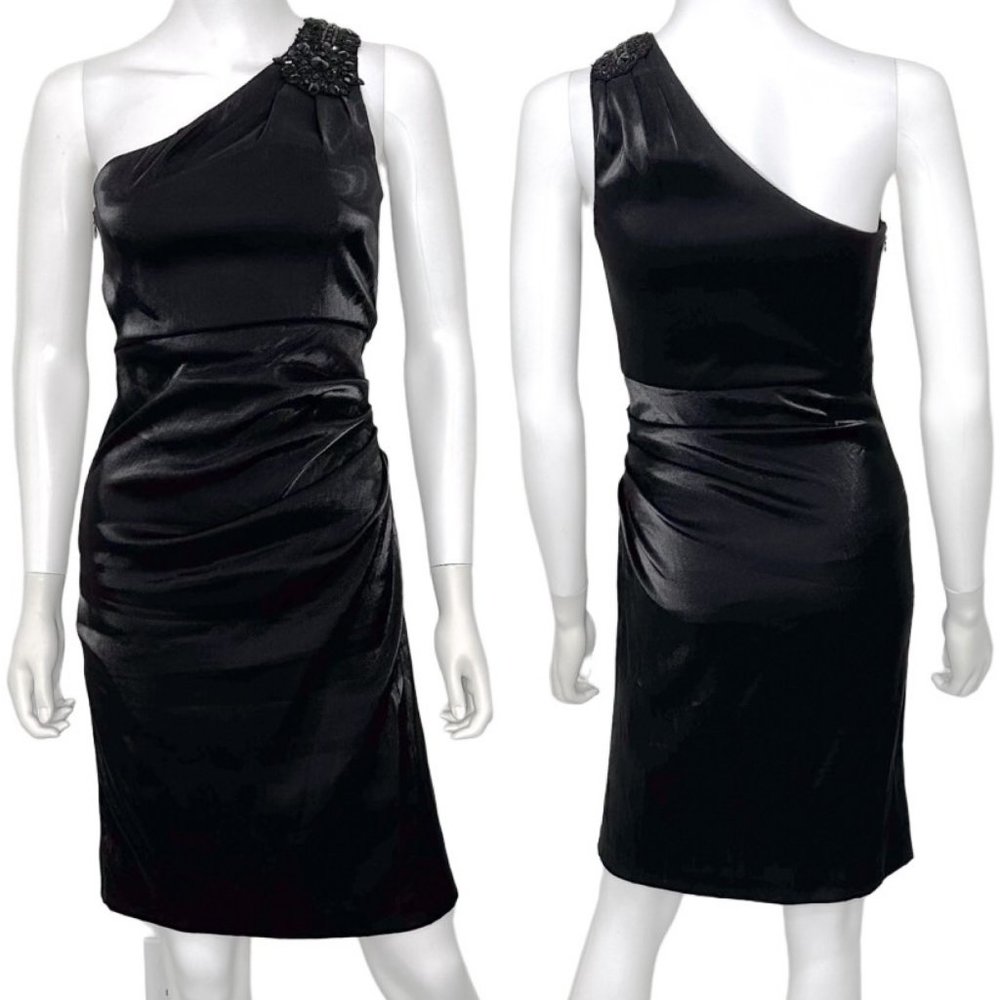 Badgley Mischka Collection Satin One Shoulder Ruched Cocktail Mini Sheath Dress